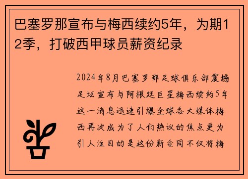 巴塞罗那宣布与梅西续约5年，为期12季，打破西甲球员薪资纪录