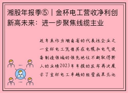 湘股年报季⑤｜金杯电工营收净利创新高未来：进一步聚焦线缆主业