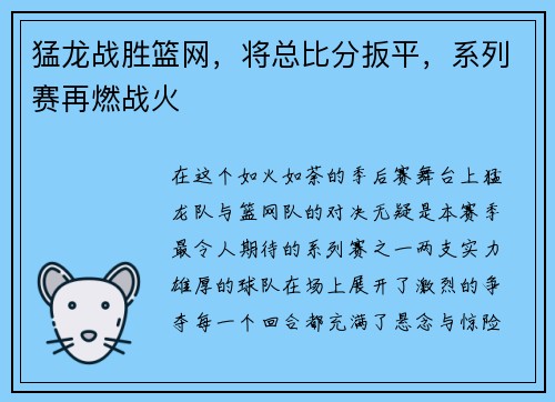 猛龙战胜篮网，将总比分扳平，系列赛再燃战火