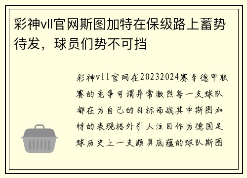 彩神vll官网斯图加特在保级路上蓄势待发，球员们势不可挡